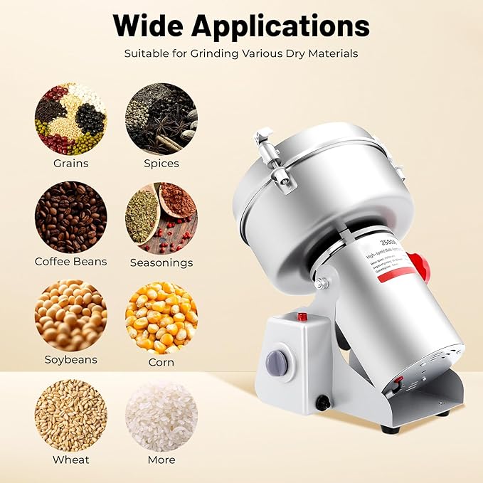 Electric Grain Mill Grinder, 2500g/5.51lb High-speed 32000r/min Food Grinder, 110V 4500W Countertop Grain Mill for Dry Spice Herbs Grains Coffee Rice Pepper (2500g) - Bloomnest