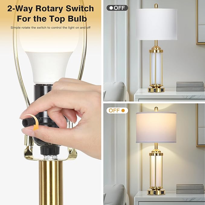 Modern Table Lamps, Gold 27" Industrial Table Lamp Set of 2 with USB A+C Charging Ports & AC Outlet, Farmhouse Rustic Beside Lamp for Living Room Bedroom Office End Table(4 LED Bulbs Included) - Bloomnest