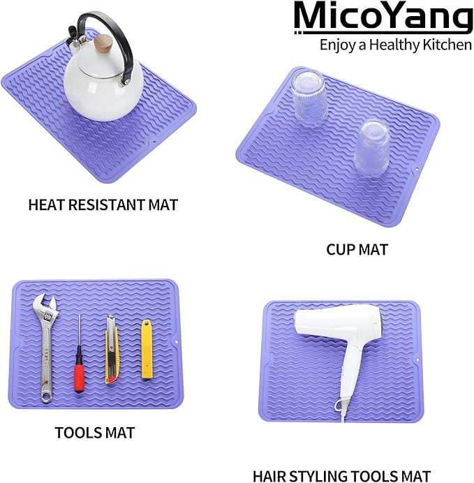 Silicone Dish Drying Mat for Multiple Usage,Easy clean,Eco-friendly,Heat-resistant Silicone Mat for Kitchen Counter or Sink,Refrigerator or drawer liner Light Purple L 16 inches x 12 inches - Bloomnest