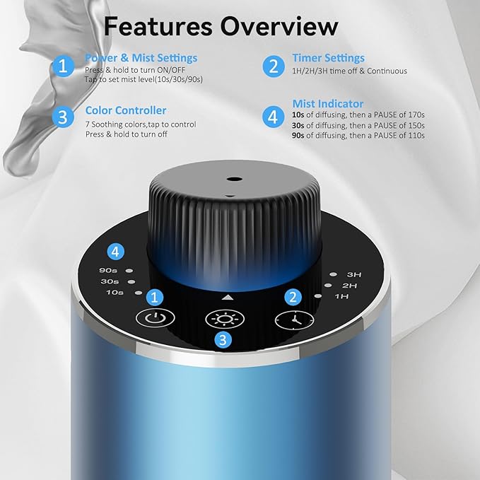 Waterless Essential Oil Diffuser Aromatherapy Scent Diffusers for Home Large Room, Bedroom, Car, Office, Desk, Battery Operated Mini Portable Air Freshener, 3 Countdown Timers & 3 Mist Levels - Bloomnest