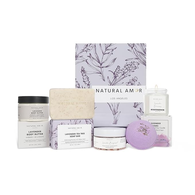 Natural Amor 5-Piece Lavender Spa Gift Set – Bath Bomb, Body Butter, Bar Soap, Bath Salt, Candle – Relaxing Self Care Kit for Women – Gift Box for Birthday, Thank You, Get Well - Bloomnest
