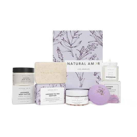 Natural Amor 5-Piece Lavender Spa Gift Set – Bath Bomb, Body Butter, Bar Soap, Bath Salt, Candle – Relaxing Self Care Kit for Women – Gift Box for Birthday, Thank You, Get Well - Bloomnest