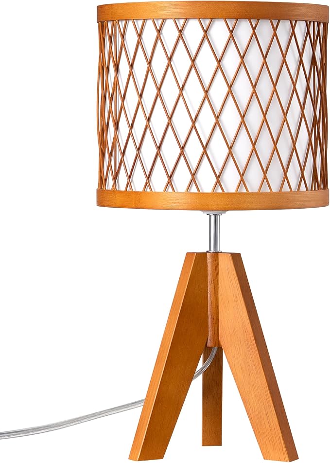 EDISHINE Small Table Lamp, 14.17" Wood Tripod Bedside Lamp with Bamboo Lampshade & PVC Shade, ON-Off Switch & E26 Base, Boho Nightstand Lamp for Living Room, Bedroom - Bloomnest