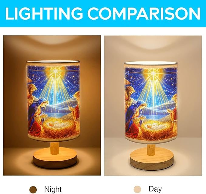 Nativity Scene Table Lamp LED 3-Color Pressed Bedside for Merry Christmas, Nativity Scene Shade Christmas Table Lamp with Wood Base for Bedroom Living Room Desk Office - Bloomnest