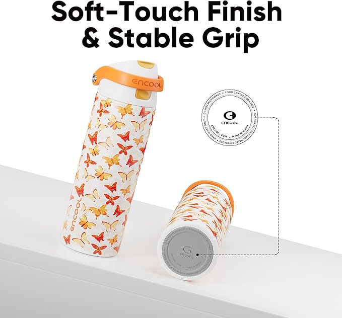 ENCOOL Leakproof Insulated Water Bottle with Straw Dual-Sip Water Bottle Bag-Safe Design for Work, Commute & Gym – Keeps Drinks Cold All Day, 24 oz, Sunset Butterflies ENCOOL
