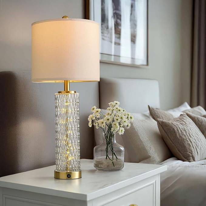 Oneach 27.75” Table Lamps Set of 2, Gold Modern Bedside Lamp with LED Night Light, USB A+C, Glass Lamps for Living Room, Bedroom, Nightstand, Office, End Table (2 Bulbs Included) - Bloomnest