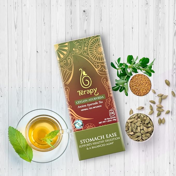 Térapy Ceylon Stomach Ease Herbal Tea Bags | Soothes Stomach & Supports Healthy Digestion | All Natural Ayurvedic Ingredients Including Peppermint, Ginger, Licorice | 18 Individually Wrapped Tea Bags - Bloomnest