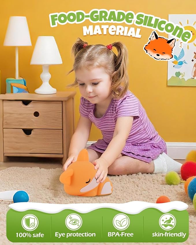 Cute Fox Night Light, Animal Lamp, Food Grade Silicone, Rechargeable, 2 Level Dimmable, Squishy Nursery Nightlight for Desk Decor, Funny Gifts Stuff for Boys Girls Baby, White Elephant Gifts - Bloomnest
