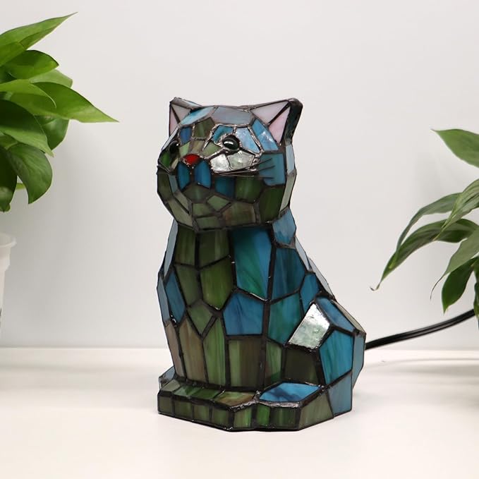 Tiffany Cat Lamp Blue and Green Stained Glass Animal Table Lamp Accent Lamp - Bloomnest