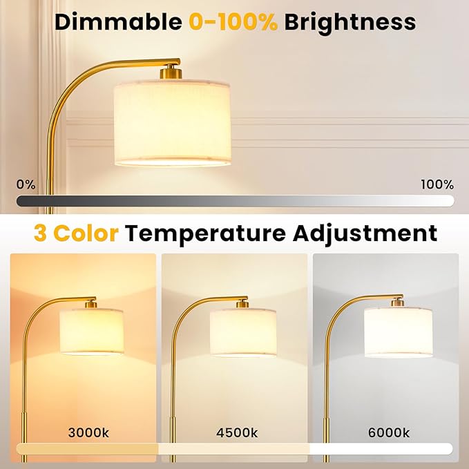 Floor Lamp for Living Room with Remote,Dimmable Tall Standing Lamps,Modern Floor Light with Smart RGB Bulb,App Control,3 Color Temperatures,Fabric Shades,Gold Floor Lamp for Bedroom Office Corner - Bloomnest