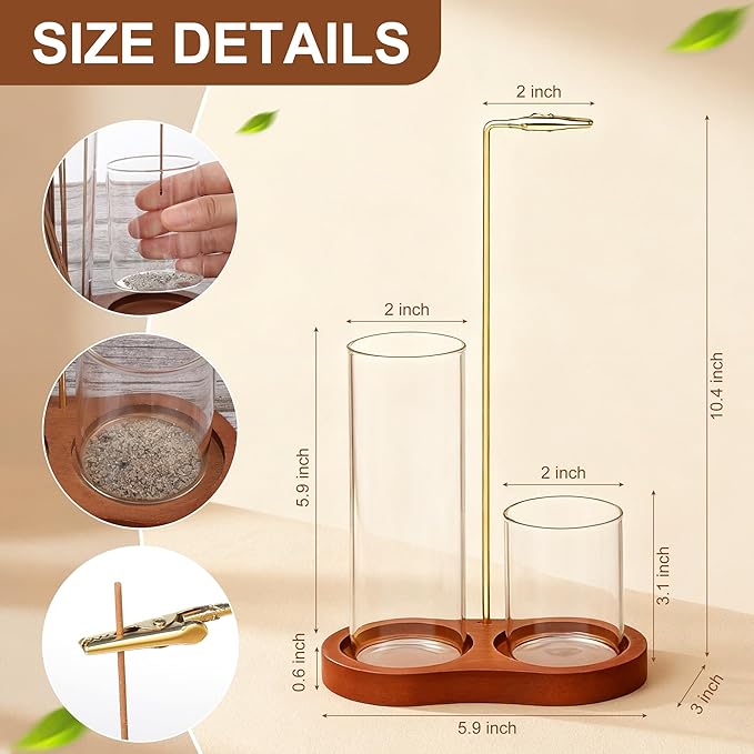 2 in 1 Incense Holder for Sticks, Wooden Incense Holder for Sticks with Glass Ash Catcher, Anti-ash Incense Burner with 20 Incense Sticks and a Ash Brush for Meditation Yoga Spa Room Decor