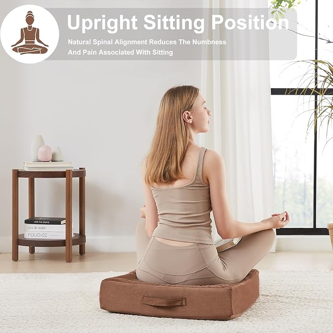 22 inches Floor Pillow for Adults - Large Meditation Cushion with Thick Foam & Soft Tufted Cover - Premium Outdoor Square Floor Cushion Seat - Yoga Pillows for Sitting On Floor - Coffee - Bloomnest