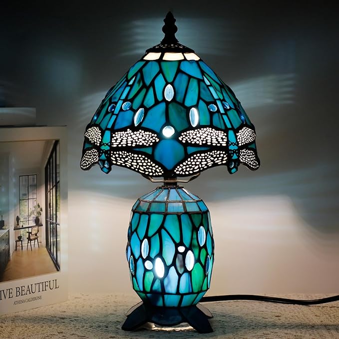 Small Tiffany Lamp Stained Glass Table Lamp Mini Mother Daughter Vase Desk Accent Light for Bedroom Bedside Reading Home Antique Style Decor 8X14 Inches (Green Dragonfly) - Bloomnest