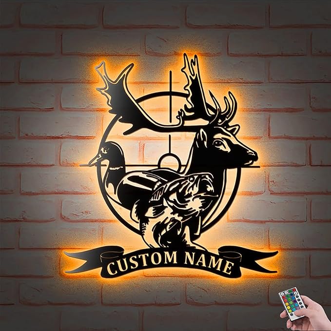 Lovely POD Personalized Hunting Metal sign, Hunting Art, custom USA Hunting Flag Metal Wall Art Led Light, Personalized Hunter Name Sign Decoration For Home, Deer Hunting Home Decor Housewarming (1) - Bloomnest