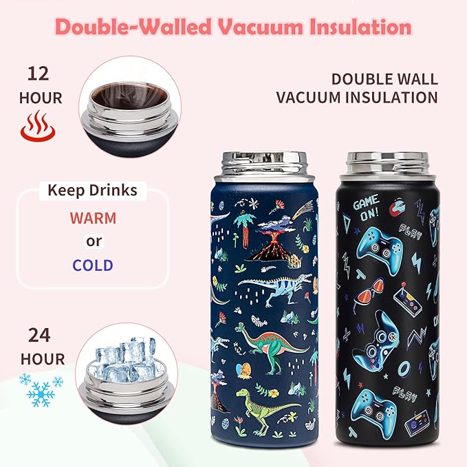 18oz Kids Insulated Water Bottle with Straw Lid - 18/8 Stainless Steel Kid Cup Travel Tumbler Double Wall Vacuum Leak Proof Portable Toddler Water Bottle (Game + Dinosaur) - Bloomnest