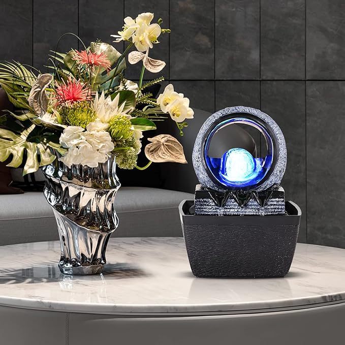 WICHEMI Indoor Fountain Tabletop Fountain Mini Waterfall Fountains Relaxation Water Feature Feng Shui Zen Meditation Desktop Fountain with Rolling Ball for Home Office Indoor Spaces Decor (Style 2)