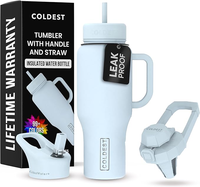 Coldest Tumbler with Handle and Straw - 100% Leak Proof Insulated Tumbler with Lid and Straw (3 Lids) - Stainless Steel Tumblers for Women & Men - Cup Holder Friendly Base, 36 oz (Morning Mist) - Bloomnest