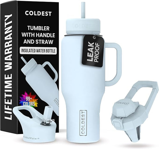 Coldest Tumbler with Handle and Straw - 100% Leak Proof Insulated Tumbler with Lid and Straw (3 Lids) - Stainless Steel Tumblers for Women & Men - Cup Holder Friendly Base, 36 oz (Morning Mist) - Bloomnest