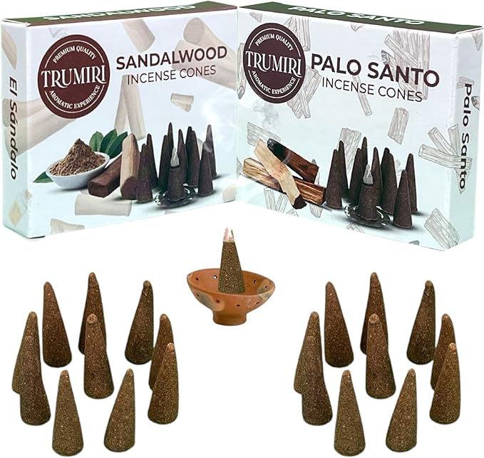 TRUMIRI Incense Cones - Combo Pack of 20 Cone Incense - 10 Palo Santo + 10 Sandalwood - Insence Cones - Incense Cones Scented - Cone Incense Scents - Insense Cones - Incent Cone TRUMIRI