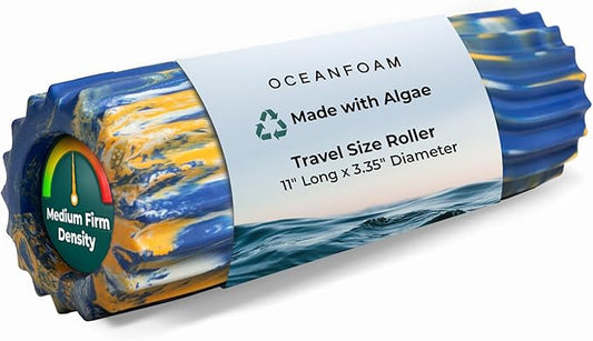 Oceanfoam Ripple Travel Foam Roller (11" x 3.35") Firm Mini Foam Roller for Physical Therapy, Deep Tissue Massage, Back Pain, High Density, Wave Textured, Yoga, Exercise (Royal Gold & Natural Marbled)