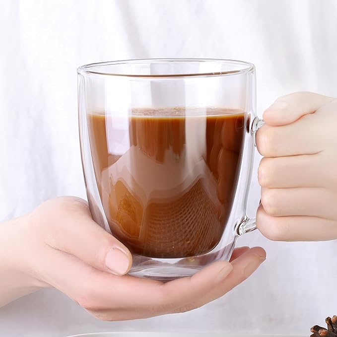 CNGLASS Large Double Wall Glass Coffee Mug 17 oz,Insulated Glass Coffee Cups with Handle,Set of 2 - Bloomnest
