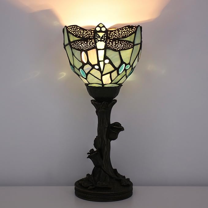 Small Tiffany Lamp Mini Stained Glass Table Lamp Blue Dragonfly Accent Desk Uplight W6 H13.5 Inch Bronze Resin Base - Bloomnest