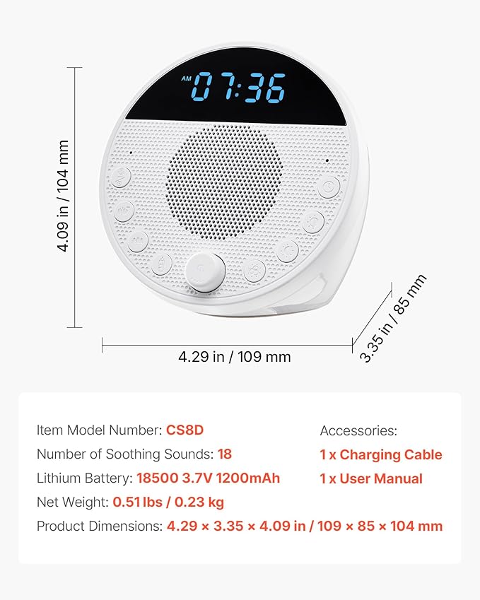 VEVOR Sound Machine, 18 Soothing Sleep Sounds, 7-Color Night Light, 6-in-1 White Noise Sound Machine with Dual Alarms, APP, Auto-Off Timer and Memory Function, for Baby, Adults, Home, Office & Travel - Bloomnest