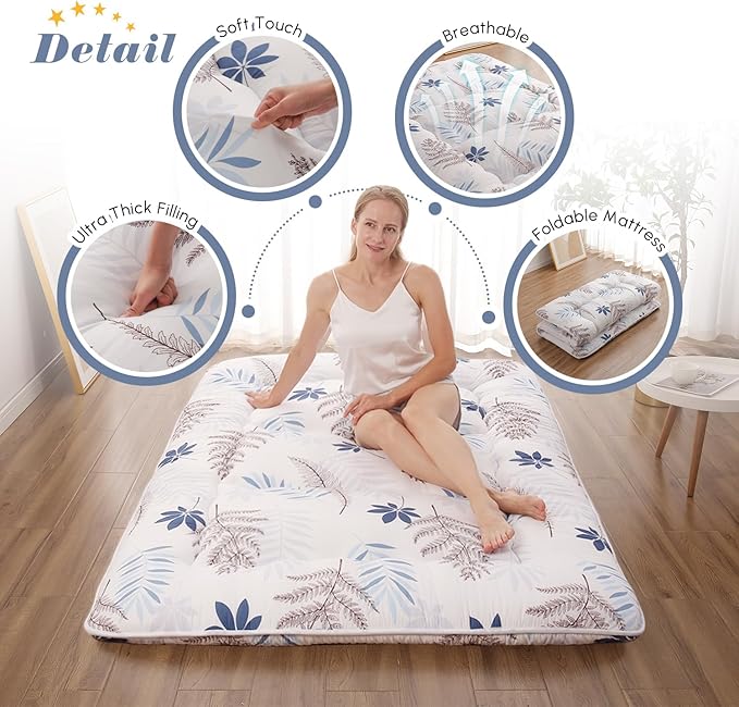 Japanese Floor Mattress, Futon Mattress with Portable Storage Bag and Washable Cover, Roll Up Thick Tatami Mat Suitable for Camping, Guest Room, White Leaf, Queen - Bloomnest