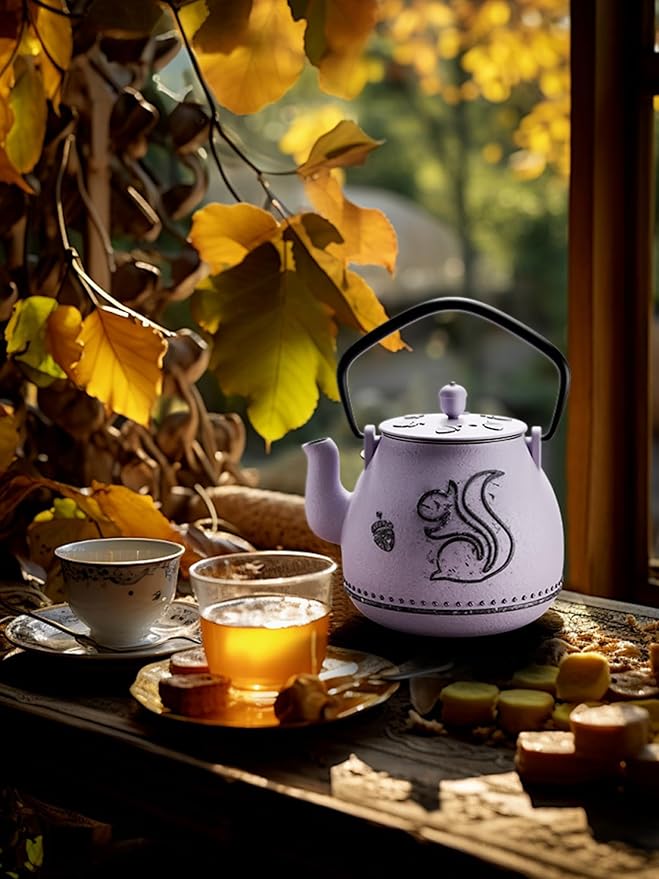 Toptier Teapot with Removable Infuser, Cast Iron Tea Kettle Stovetop Safe, Squirrel Design Tea Pot Coated with Enameled Interior for 32 Ounce (950 ml), Purple - Bloomnest