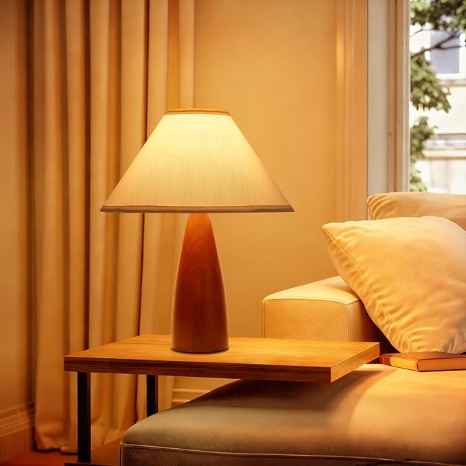Bedside Table Lamp for Bedroom, Mid-Century Modern Plug in Fabric Shade & Solid Wood Base Desk Lamp, Plug & Play Warm Brown Nightstand Lamp for Living Room, Office, Switch Power Cord 【Bulb Included】 - Bloomnest
