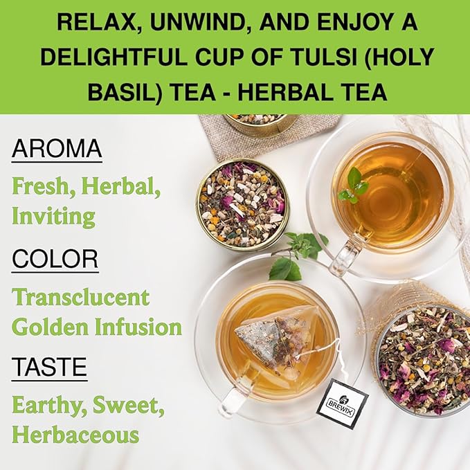 BREWIX, Tulsi Holy Basil Tea Bags (25 Pyramid Bags) | Tulsi Leaves | Holy Basil & Chamomile | Caffeine Free | Herbal Tea Bags | Calming, Fresh and Cool Flavor - Bloomnest