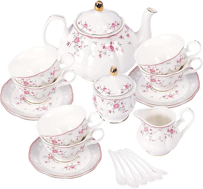fanquare Vintage Porcelain Tea Set for Women Tea Party, Cup and Saucer Set for 6, Wedding Floral Teapot Set for Adults, Pink Rose - Bloomnest