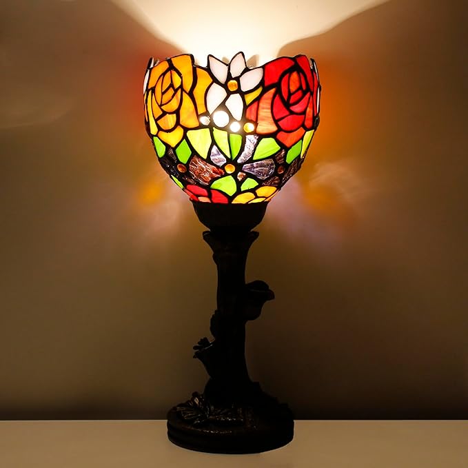 Small Tiffany Lamp Mini Stained Glass Table Lamp Red Rose Accent Desk Uplight W6H 13.5 Inch Bronze Resin Base - Bloomnest