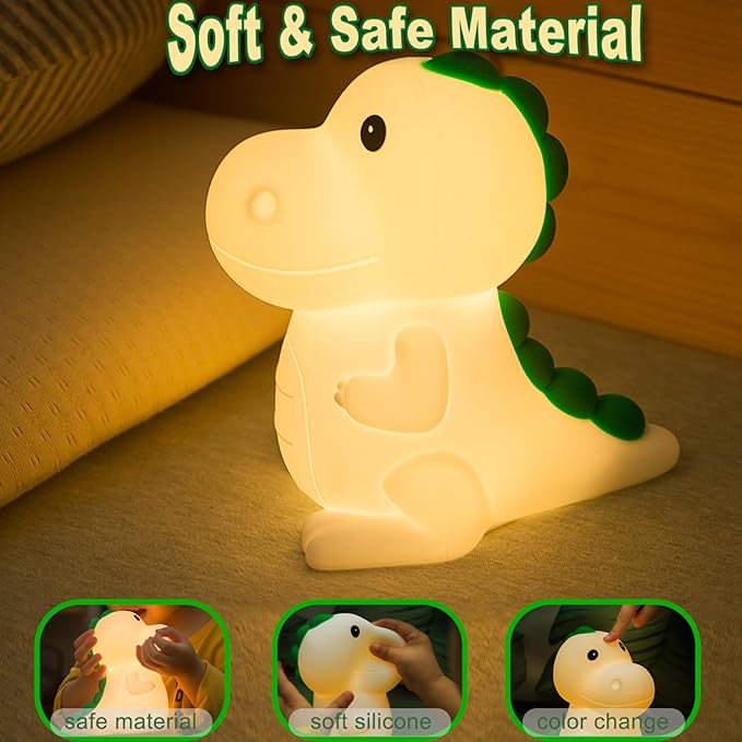 Night Light for Kids, Dinosaur Nightlight Kids Lamps for Bedrooms Boys, Cute Lights Dinosaur Gifts, Squishy Animal Lamp Rechargeable Baby Dino Night Light Silicone - Bloomnest