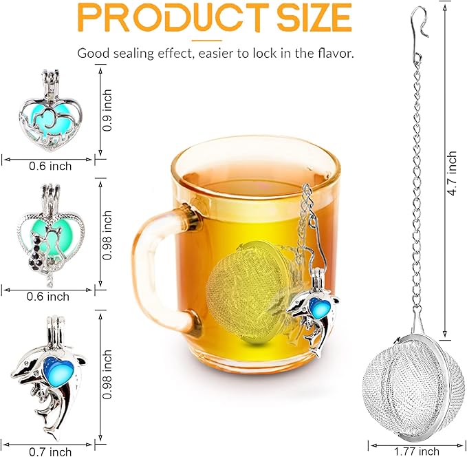 3pcs Tea Infuser TeaSanavie Loose Tea Steeper Stainless Steel Fine Mesh Tea Ball Loose Leaf Tea Infusers Glow In The Dark Cute Heart Pendant Tea Diffuser with Elephant Cat Dophine Charms Tea strainer