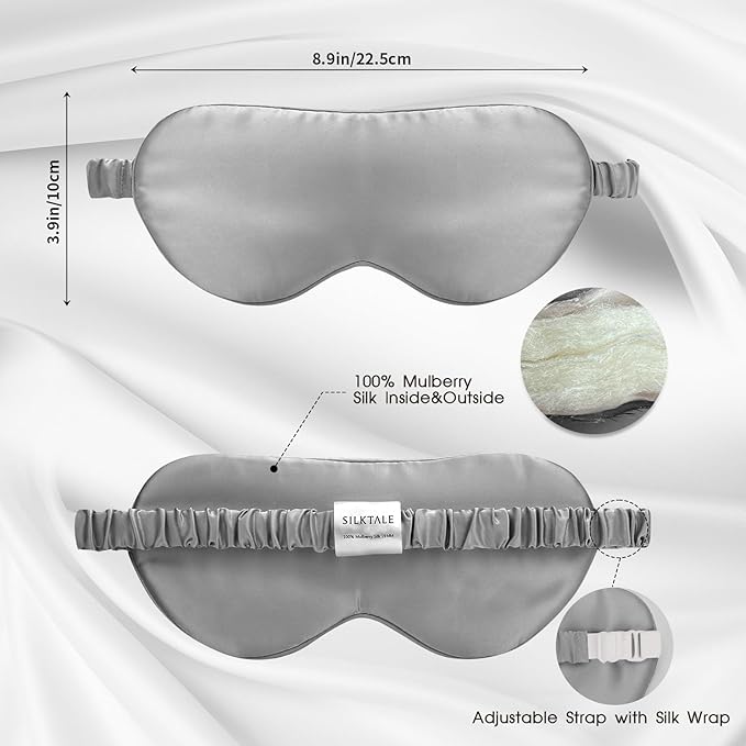 100% Mulberry Silk Eye Mask for Sleeping with Silk Wrapped Adjustable Strap,Silver Gray - Bloomnest