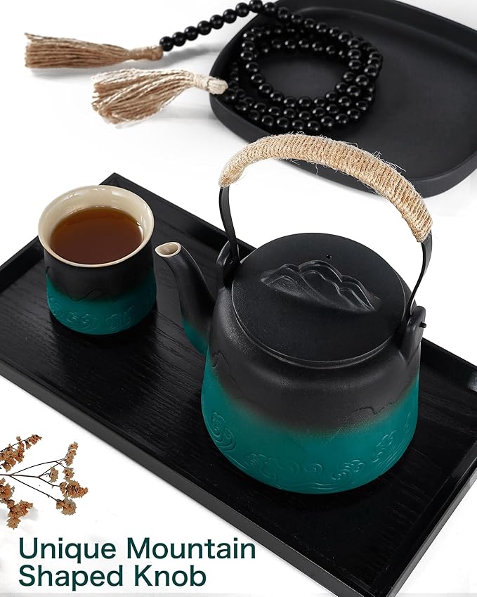 ZENS Vintage Japanese Tea Set, Gradient Embossed Ceramic Japanese Teapot with 4 Teacups, Hemp Rope Handle 33.8 oz Loose Leaf Teapot with Built-in Strainer for Tea Steeper Gifts, Black & Green - Bloomnest
