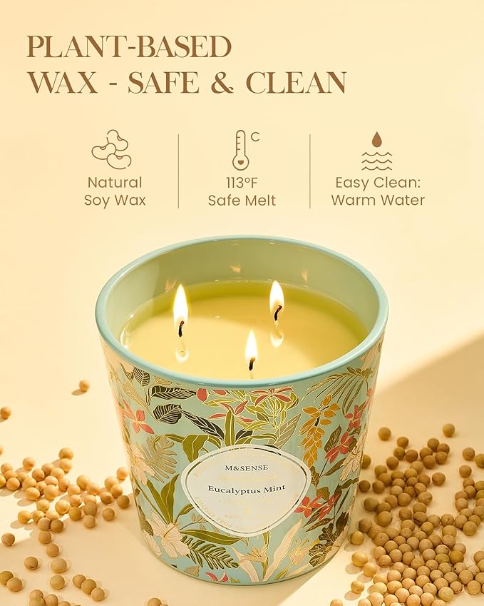 M&SENSE Eucalyptus Mint Scented Candle, 28.2oz 3 Wick Natural Soy Wax Large Candles, Long Lasting Clean Slow Burning No Toxic Décor for Home Relaxation, Romantic Dates Gift-Giving - Bloomnest