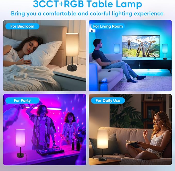 Unicozin 17Inch Table Lamp, 3 CCT 3000K/4500K/6500K & RGB Color Changing, Stepless Dimmable Bedside Lamp for Reading, Ambience Nightstand Light for Home Decor Party, White Shade - Bloomnest
