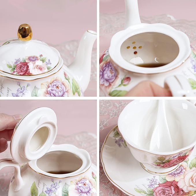 fanquare European Porcelain Coffee Set, Pink Women Tea Set, Bone China Tea Set, Vintage Floral Coffee Tea Pot with Cups - Bloomnest