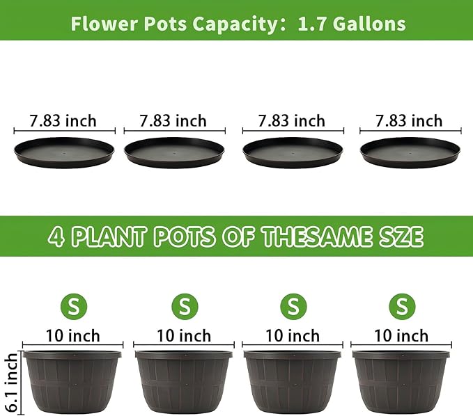 Quarut 10 inch Plastic Flower Pots for Outdoor Plants，4 Pack Large Outdoor Planter Pot with Drainage Holes & Saucers，Imitation Wine Barrel Design，for Indoor Outdoor Garden Plants（Brown） - Bloomnest
