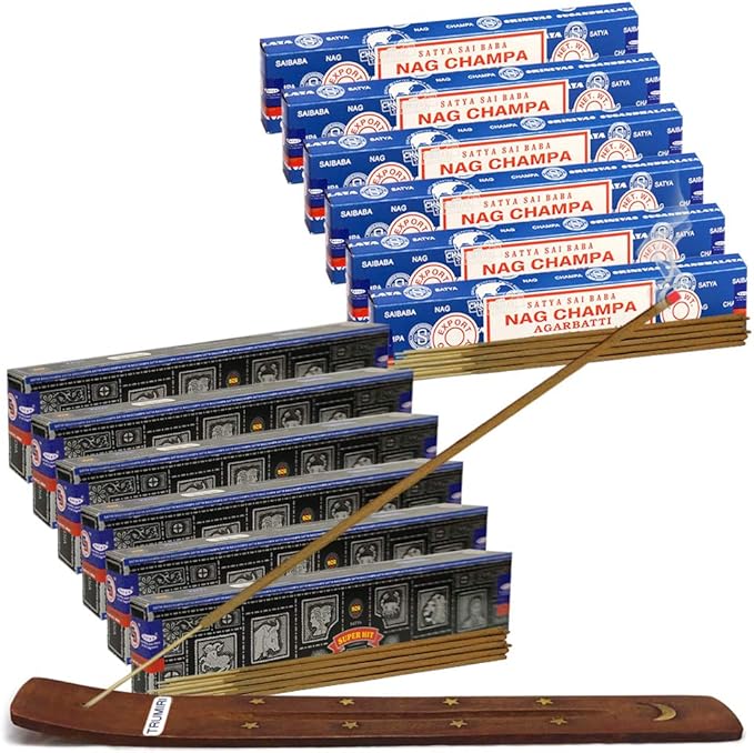 Nag Champa Incense Sticks and Super Hit Incense Sticks with Incense Holder Bundle for Home Fragrance and Spiritual Décor TRUMIRI