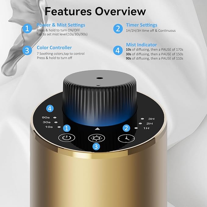 Waterless Essential Oil Diffuser Aromatherapy Scent Diffusers for Home Large Room, Bedroom, Car, Office, Desk, Battery Operated Mini Portable Air Freshener, 3 Countdown Timers & 3 Mist Levels, Gold - Bloomnest