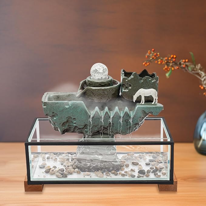 Indoor Resin Glass Fish Tank Waterfall,Desktop Rockery Waterfall Fountain with Fish Tank&Rockery for Home/Office Decor - Bloomnest