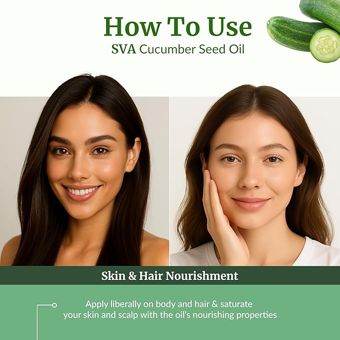 SVA Cucumber Seed Oil - 4 Fl Oz – 100% Natural Cold Pressed Cucumber Oil - for Face, Skin Care, Hair Care, Scalp Massage & Body Massage – Carrier Oil with Dropper - Bloomnest