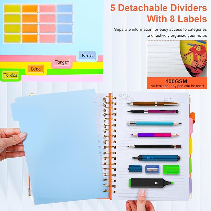 Hardcover Spiral Notebook 8.5"x11" Journal Notebook with Tabs and Removable Dividers 300 Pages 5 Subject Notebook College Ruled, Faux Leather Spiral Bound Notebook for Women School Work (Orange) - Bloomnest