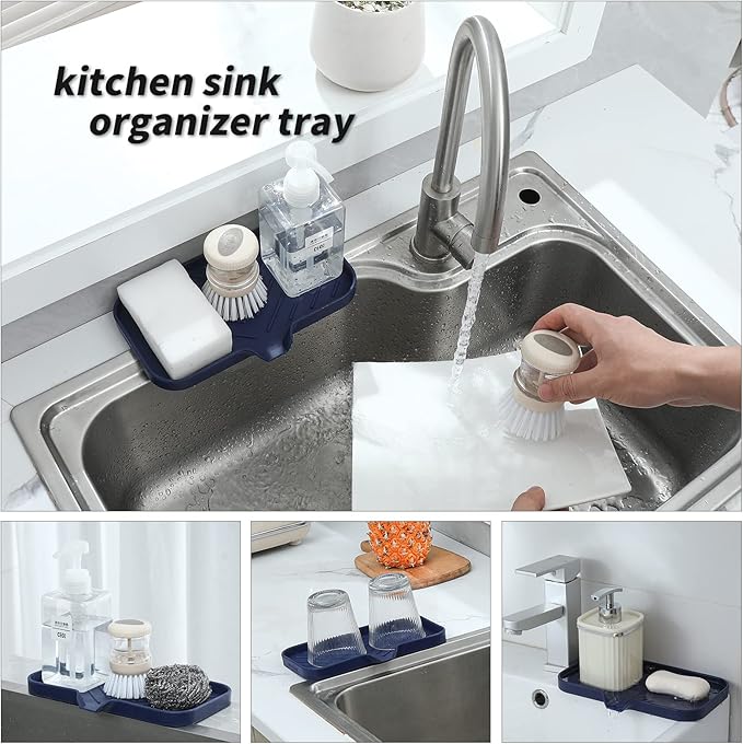 Silicone Bathroom Soap Dishes with Drain Spout-Kitchen Sink Organizer,Sponge Holder,Dish Soap Tray,Perfect for Dispenser,Scrubber,Bottle,Cup on Sink or Counter-Navy Blue 9.6"×5.3" - Bloomnest