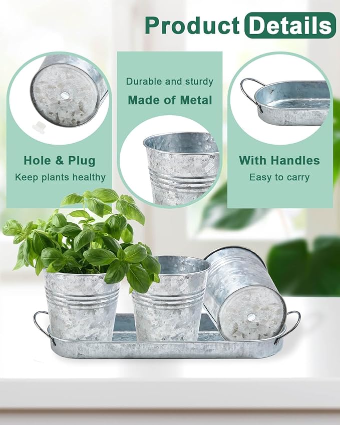 vensovo Indoor Herb Planter Set - Galvanized Windowsill Garden Pots with Tray & Drainage, Set of 3 Metal Window Planters for Kitchen & Outdoor Use, Silver - Bloomnest
