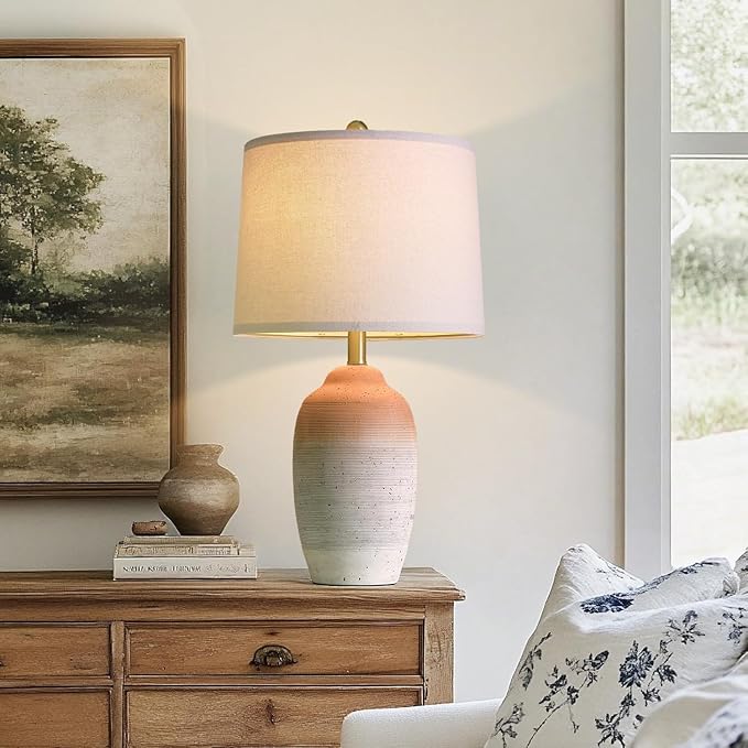 24.5" Vintage Ceramic Table Lamp - Single Farmhouse Rustic Bedside Lamp with Natural Textured Finish, Nightstand Lamps for Living Room, Bedroom, End Table, Office White and Brown - Bloomnest