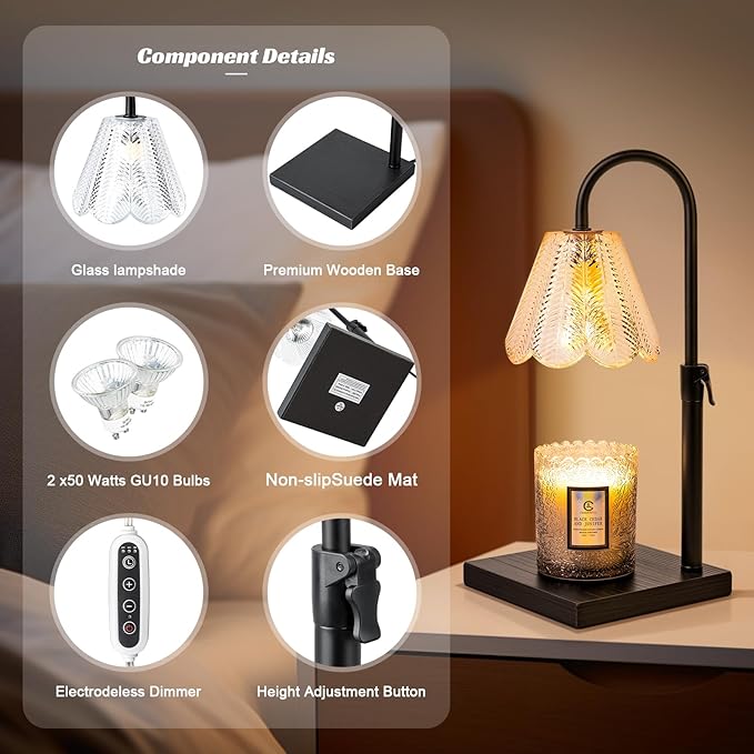 Golden Floral Candle Warmer Lamp with Timer & Dimmable Light - Adjustable Height Jar Candle Melter with Ebony Wooden Base, Home Decor Gift Set (Includes 2 Bulbs) - Bloomnest